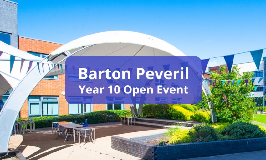 Image shows a picture of a permanent canopy in an outside space at Barton Peveril on a sunny day with the words Barton Peveril Year 10 open event